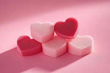 Fototapeta premium five heart-shaped sponges in shades of pink and red arranged on a soft pink surface casting gentle shadows under soft lighting