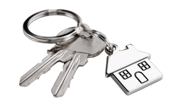 Silver house-shaped keychain with keys