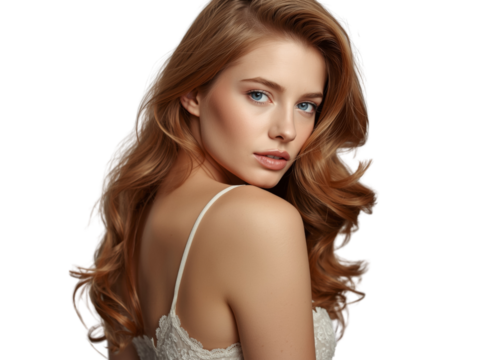 Elegant young woman with radiant wavy hair gazing over her shoulder on an isolated transparent scene