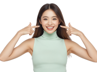 Radiant asian woman showcasing her gleaming smile with confident hand gestures isolated