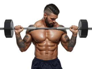 Intense athlete demonstrating powerful physique during a barbell exercise against a transparent