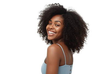 Radiant smile portrait of a young african american woman with natural hair on transparent background