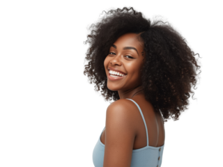 Radiant smile portrait of a young african american woman with natural hair on transparent background