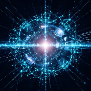 Abstract visualization of a digital singularity event, with a glowing blue core and an exploding network of interconnected nodes and data streams