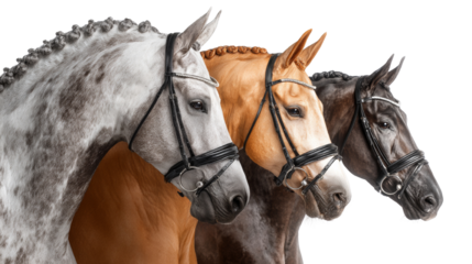 Elegant equine trio showcasing diverse coat colors with intricate braided manes and bridles on