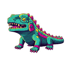 Obraz premium A vibrant and stylized illustration of a mythical reptilian creature, inspired by ancient indigenous art, featuring bold turquoise and magenta colors.
