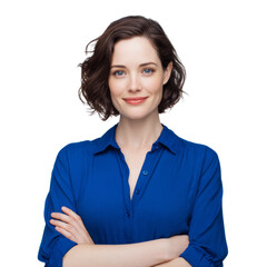 Confident woman in bright attire portrait, isolated against a transparent canvas, demonstrating