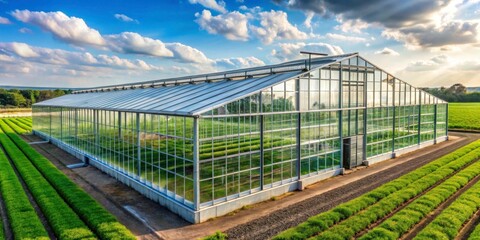 Obraz premium Modern Greenhouse Surrounded by Fields under Bright Cloudy Sky