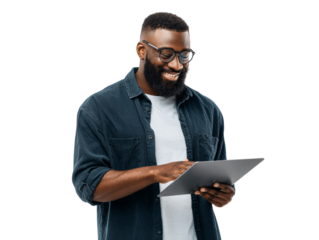 Smiling African American Man Interacting with a Tablet on Isolated Transparent Area
