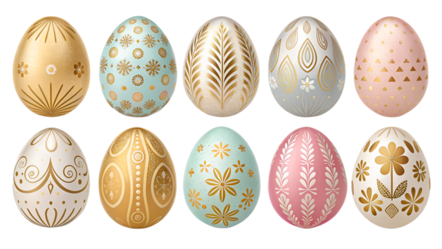 Luxury Easter eggs PNG set –  metallic gold, silver and pastel decorated eggs, isolated transparent background