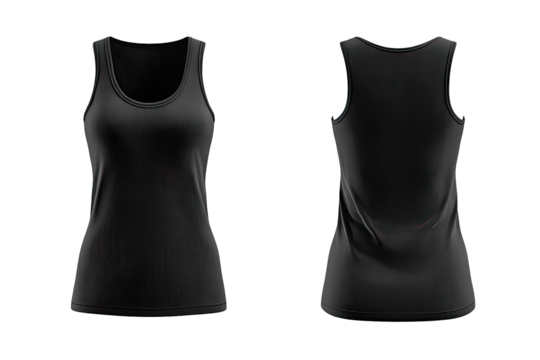 Front and back views of a black women's tank top.  Realistic 3D mockup