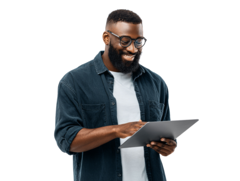 Smiling African American Man Interacting with a Tablet on Isolated Transparent Area