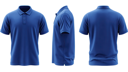 Three-view rendering of a solid blue polo shirt
