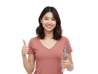 Cheerful asian woman holding a tablet giving a thumbs up with isolated transparent background