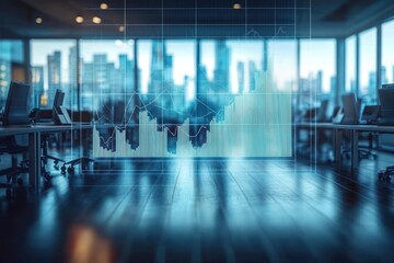 Modern empty office space with digital financial graphs and city skyline visible through large windows, conveying a futuristic and professional atmosphere