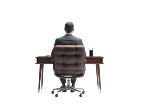 Executive presence, a solitary figure seated at a desk in contemplative repose, isolated on a