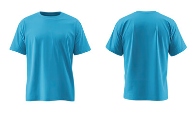 A vibrant, light-blue t-shirt, front and back views, displayed on a dark background.  The shirt is a relaxed fit,  featuring short sleeves and a crew neck.  Slight visible seams