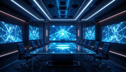 Fototapeta premium Futuristic boardroom with glowing screens and modern design inspires innovation and strategic thinking
