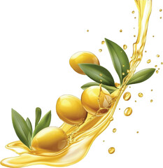 Olive Oil Splash with Olives and Leaves Keywords: olive oil, splash, olives, leaves, liquid