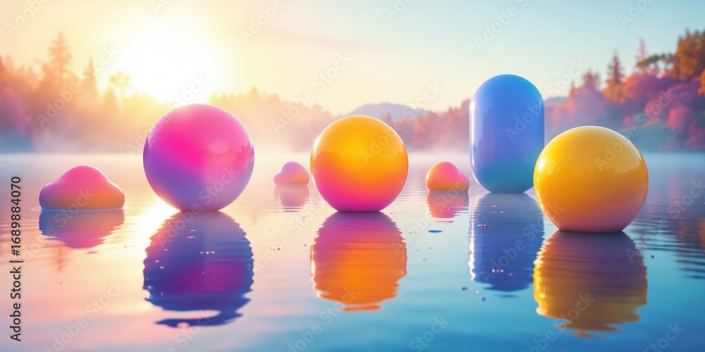 Poster Playful abstract 3D shapes in vivid gradient colors floating on a misty lake with serene reflections