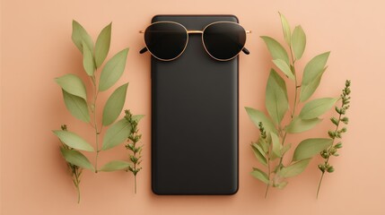A matte black rectangle sits centered, adorned with sunglasses, surrounded by leafy sprigs against a soft orange background