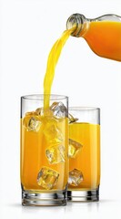 Fresh orange liquid pours from a glass bottle into a glass filled with ice, with another glass containing the liquid