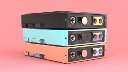Obraz premium Stack of three colorful, retro tech devices on a pastel pink backdrop