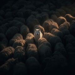 Obraz premium A white wolf stands out in a crowd of sheep showing strength confidence and individuality among conformity.