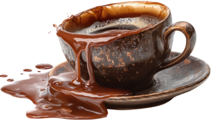 Dark coffee cup overflowing with hot chocolate