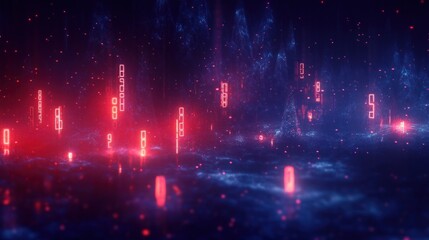 Obraz premium Abstract futuristic digital landscape with glowing red vertical light bars floating above a misty dark blue surface emitting small glowing particles, evoking a mysterious and high-tech atmosphere