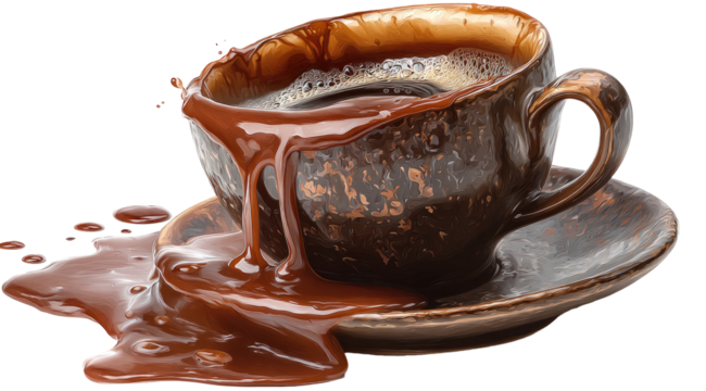 Dark coffee cup overflowing with hot chocolate