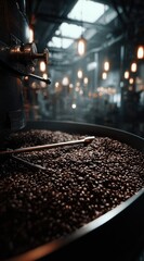 A close-up of dark roasted coffee beans in a large metal vat. Ornate machinery and blurred lights create a warm, industrial atmosphere in the background