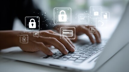 Hands typing on a laptop with security icons floating above the keyboard. Digital safety and online protection are symbolized