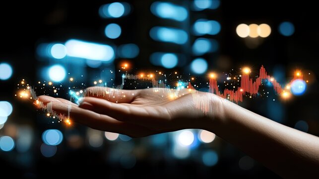 Glowing Stock Market Data Flowing Over Open Palm, Night City Bokeh