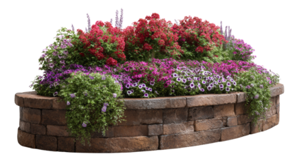 Vibrant floral display in a circular raised garden bed, showcasing a variety of colorful blossoms