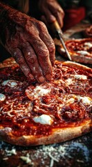 Close-up of wrinkly hands cutting a rustic pizza topped with red sauce and white cheese. Shallow depth of field, warm tones