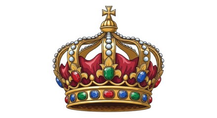 Fototapeta premium Ornate Golden Crown with Jewels, Cross, and Red Fabric