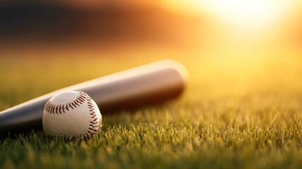 baseball bat and ball on grassy field in golden sunlight