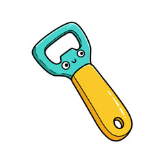 A charming and whimsical cartoon illustration of a friendly bottle opener with a cute smiling face, featuring a turquoise head and a bright yellow handle.