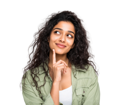 Pensive young woman with curly hair contemplating possibilities on isolated transparent layout