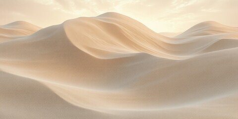 Vast smooth sand dunes under a soft golden sky at sunrise or sunset, creating a calm and serene desert landscape