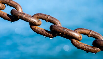 Rusty chain links with water droplets