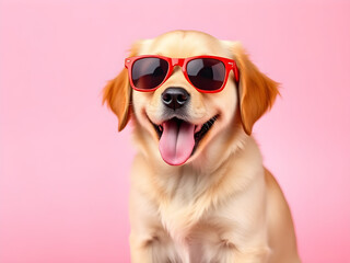 Adorable Golden Retriever puppy wearing stylish red sunglasses and a happy smile, panting on a vibrant pink studio background.
