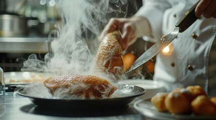 Chef cooking gourmet dish with steam in professional kitchen