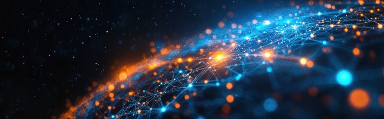 Abstract digital representation of a network with glowing interconnected points and nodes in blue and orange hues against a dark background evoking data flow and connectivity