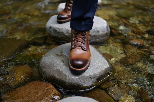 Man in stylish leather boots crossing a shallow stream on rocks - Powered by Adobe