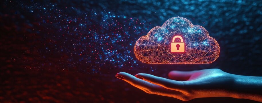 Hand holding a glowing digital cloud with a security lock symbol, representing cloud security and data protection in a futuristic setting with blue and red lighting - Powered by Adobe