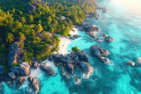 Tropical coastline with turquoise ocean water, large granite rocks, white sandy beaches, and dense green palm trees under soft sunlight - Powered by Adobe