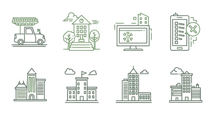 A collection of line art icons representing various urban and technological elements, including buildings, a delivery truck, and a smartphone.