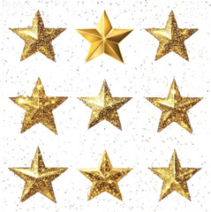Nine Golden Glittering Stars on White Background sparkling